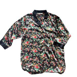 Victoria's Secret Gold Label Pajama Top L Black Floral Satin Sleep Shirt